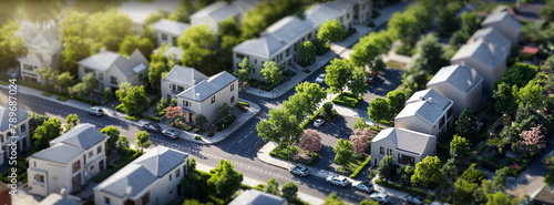 modern generic contemporary style miniature of houses villas or townhouses with trees and street landscaped neighborhood model, housing project market or new home mortgage concept as wide banner