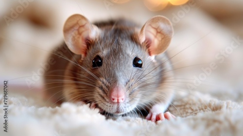 A close up of a mouse looking at the camera on top of some fur, AI
