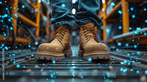 Industrial Symphony: Safety Boots Amidst Digital Harmony. Concept Industrial safety, Technology integration, Digital harmony, Protective gear, Work environment photo