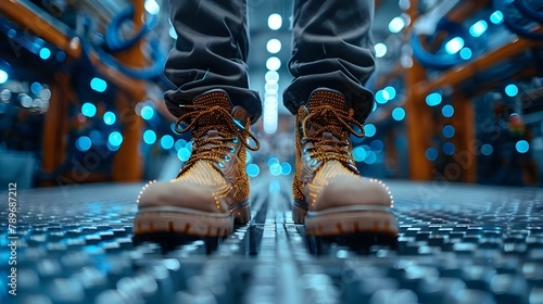 Industrial Rhythm: Safety Boots Amidst Neural Beat. Concept Industrial Workwear, Safety Footwear, Creative Photoshoot, Urban Vibes photo