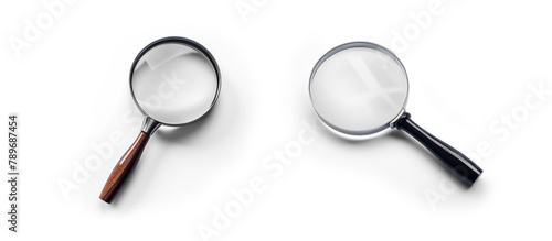 set of detective and science Magnifying glass for research searching and discovery analyses, finding facts concepts isolated cutout on transparent png background with shadows