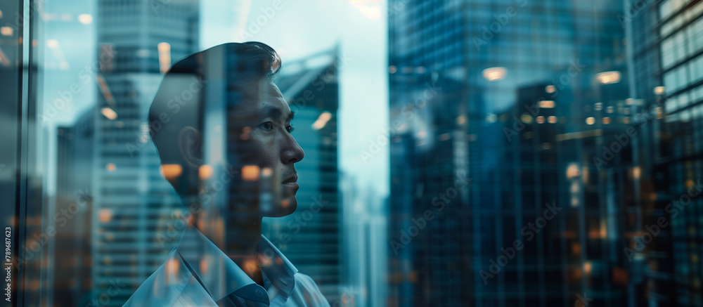 A confident businessman gazes intently through the window. The background consists of a blurred cityscape with multiple skyscrapers.Copy space A confident businessman gazes intently through the window. The background consists of a blurred cityscape with multiple skyscrapers.Copy space