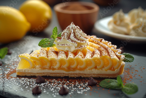 A citrusy lemon tart topped with a dollop of sweet whipped cream and a sprinkle of bitter cocoa powder. Concept of classic desserts with a modern twist. Generative Ai. photo