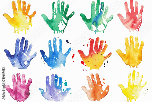 Set colorful hand print  paint watercolor isolated on white  clipping vector icon  white background  black colour icon