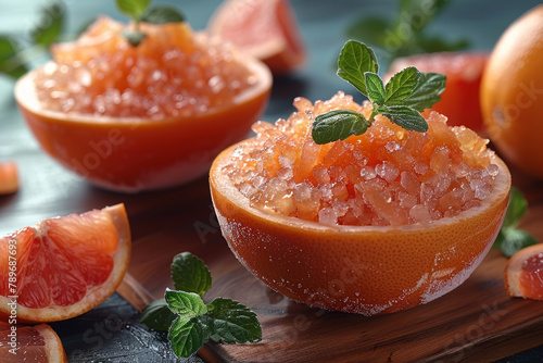 A bittersweet grapefruit granita served in a hollowed-out citrus shell, offering a refreshing and tangy treat. Concept of creative dessert presentation and natural flavors. Generative Ai. photo