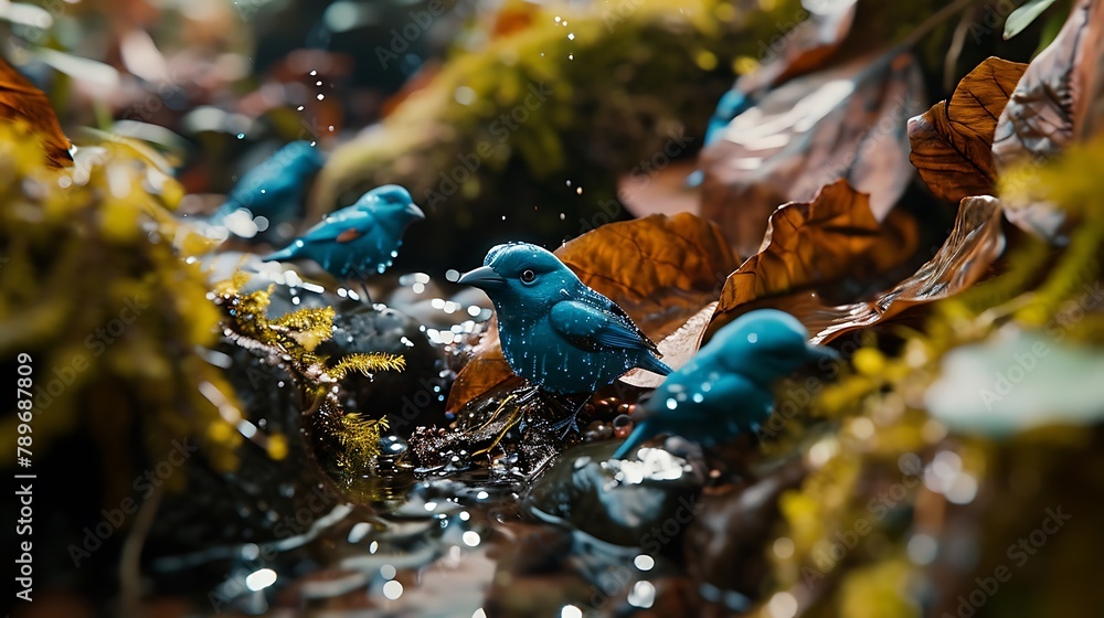A scene of playful bluebirds bathing in a gentle stream, their vibrant feathers shimmering in the golden sunlight as they frolic in the water.