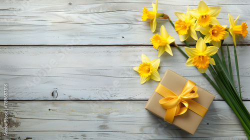 Daffodils and gift box on white wooden background. flat lay top view