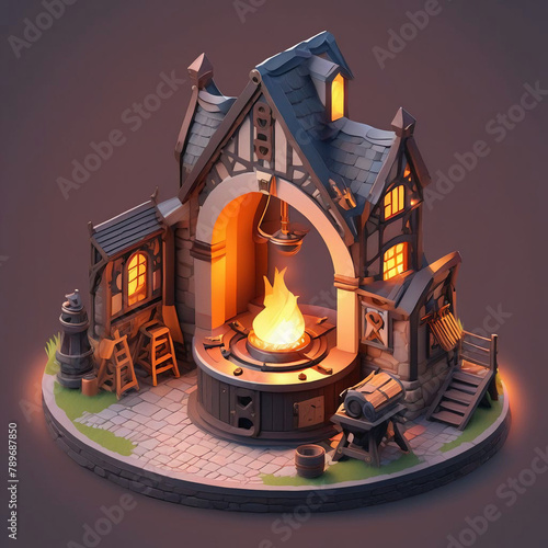 A detailed isometric illustration of a blacksmith's forge with glowing metal and sparks flying, perfect for a crafting system