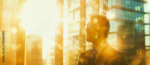 A confident businessman gazes intently through the window. The background consists of a blurred cityscape with multiple skyscrapers.Copy space