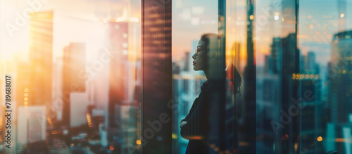 A confident businesswoman gazes intently through the window. The background consists of a blurred cityscape with multiple skyscrapers.Copy space