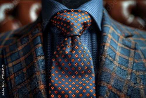 A luxurious silk tie in a bold geometric print, elevating a formal look with personality and flair. Concept of men's accessories and professional attire. Generative Ai.