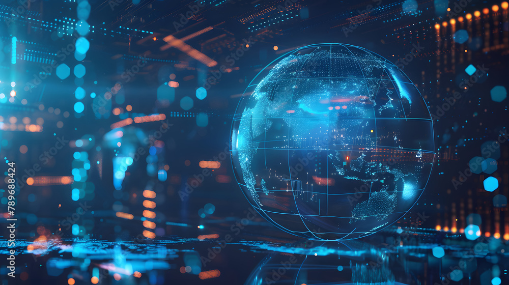 Fototapeta premium Digital globe icon with data and online technology background for global communication. web design