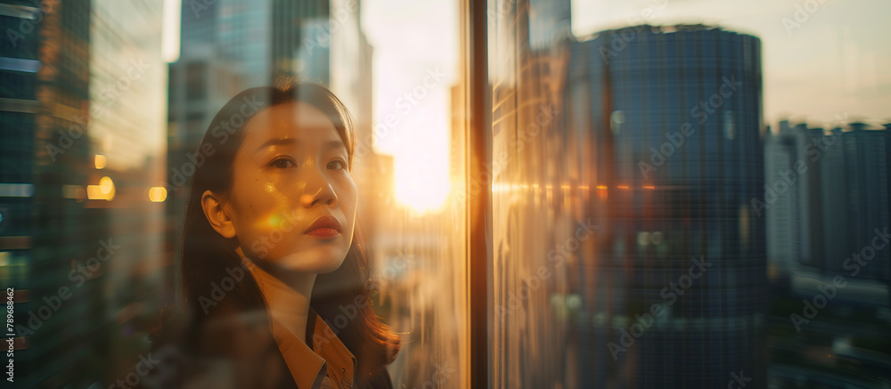A confident businesswoman gazes intently through the window. The background consists of a blurred cityscape with multiple skyscrapers.Copy space A confident businesswoman gazes intently through the window. The background consists of a blurred cityscape with multiple skyscrapers.Copy space
