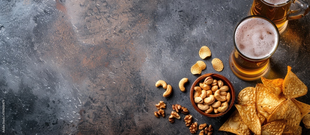 Lager beer and snacks are displayed on a stone table, including nuts and chips, with available space for text. Lager beer and snacks are displayed on a stone table, including nuts and chips, with available space for text.