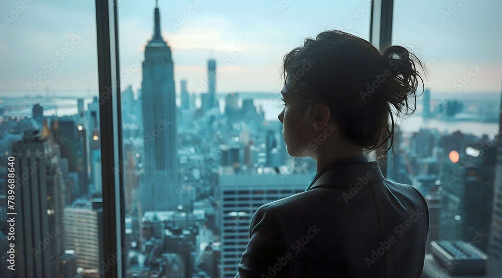 Rear view business woman looking through window of office, cityscape skyscrapers
