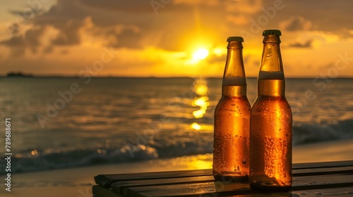 Refreshing beer bottles condensation, calm vacation beach at sunset, copy space