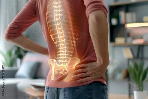 Person healing from back pain, glowing x-ray physiotherapy concept, posture correction