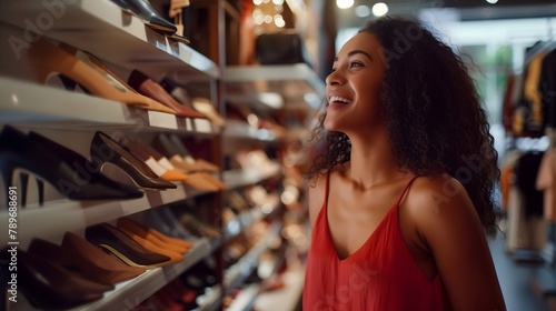 Mixed race woman shopping shoes in fashion store product display smiling wearing red dress