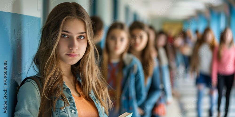 teenage girl looking at the camera at her school hallway, holding a book