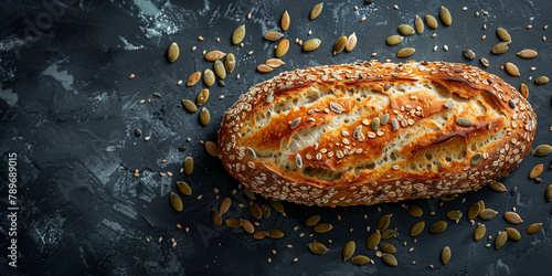 recipe book image of a rustic oval boule shaped sourdough bread covered in oats pumpkin seeds
