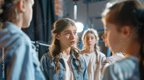 some young teen teenager kid actress and actors on a theatre rehearsal