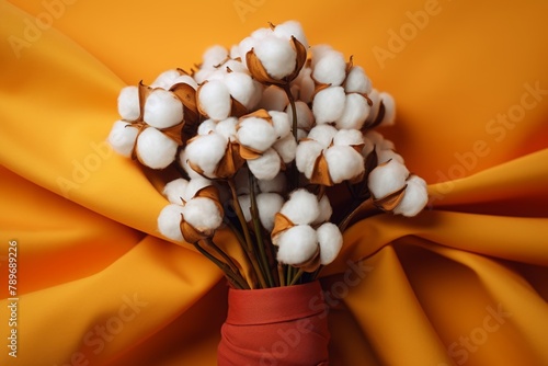 Close up photo of  bouquet of white cotton bolls on orange and brown fabric, cotton material background with copy space. 