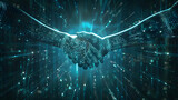 Handshake between man and robot. digital technology background with hologram of computer code and data network connection concept on blue glowing light tech backdrop