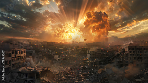 This image portrays a catastrophic scene where a large explosion, resembling a nuclear detonation, is occurring in the background of a devastated urban area