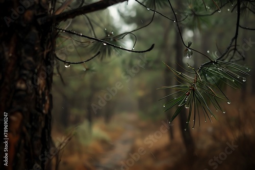 : A single raindrop suspended on the tip of a pine needle in a dense forest