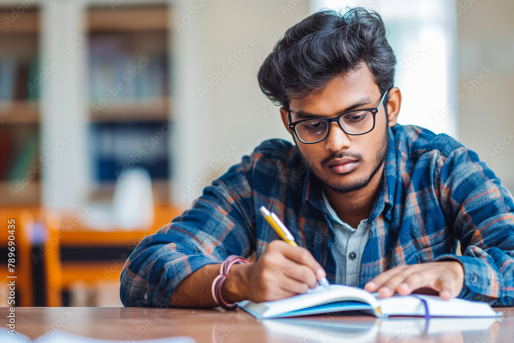 Portrait of a Handsome Indian Student Taking a Course in an International Adult Education Center. South Asian Man Wearing Glasses, Sitting Behind a Desk and Writing Down Notes in Notebook Portrait of a Handsome Indian Student Taking a Course in an International Adult Education Center. South Asian Man Wearing Glasses, Sitting Behind a Desk and Writing Down Notes in Notebook