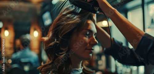 As one hairdresser expertly blowdries a clients hair the other uses deft hands and precise s to shape the perfect . Their synchronized movements and synchronized teamwork are a testament . photo