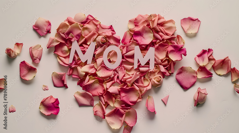 MOM made from rose petals on a white background. in a heart shape MOM made from rose petals on a white background. in a heart shape
