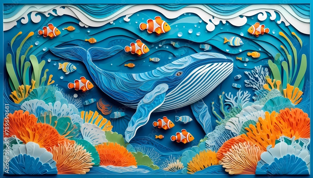 Ocean day for paper cut art of marine life with a whale, fish, and coral reef under a setting sun Ocean day for paper cut art of marine life with a whale, fish, and coral reef under a setting sun