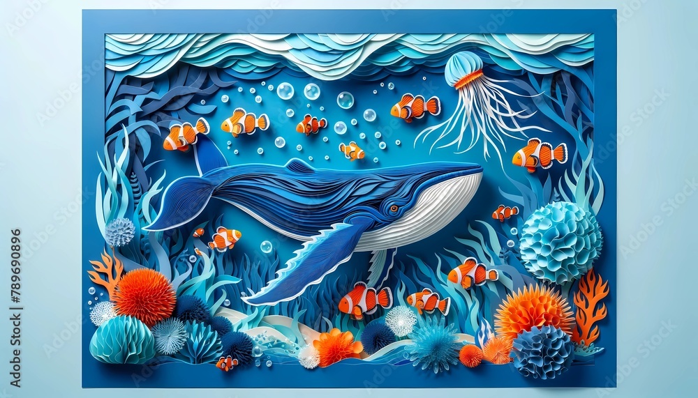Ocean day for paper cut art of   marine life with a whale, fish, and coral reef under a setting sun