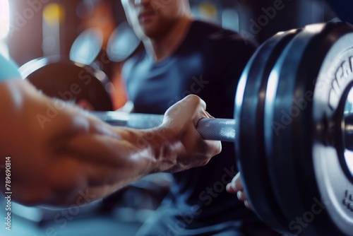 Young man lifting the barbell in the gym with the instructor, gym center with barbell, barbell pulling at the gym, gym background, barbell lifting with instructor, gym, bodybuilding photo