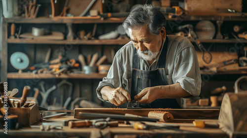 senior Asian man making furniture, workshop, gray hair and beard, wearing apron with tools , works crafting wooden boards, chisel and plane, workbench wood tools, woods