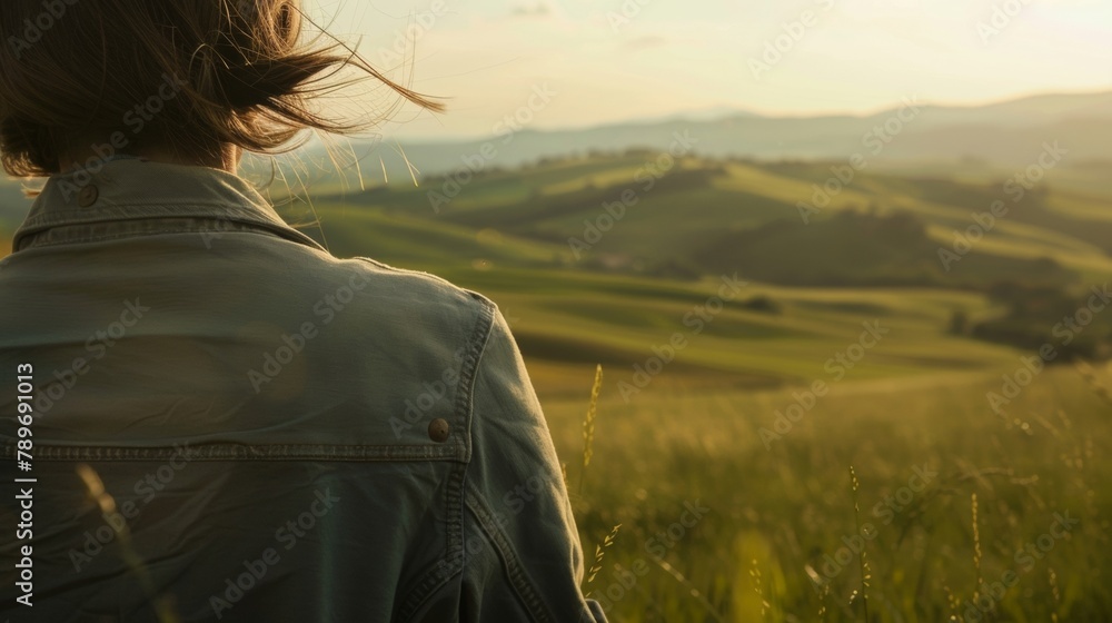 The gentle slope of a persons shoulder matched the rolling hills in the distance portraying the natural harmony between the curves of the human body and natures undulating landscapes. .