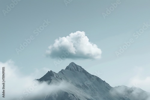 : A solitary cloud, shaped like a mythical creature, floating above a tranquil mountain peak.