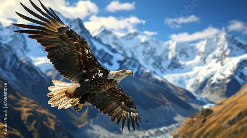 A regal bald eagle in mid-flight, captured against the backdrop of a clear blue sky, its wings spread wide as it soars with majestic grace.