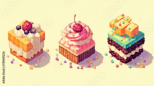 Delicious cakes and cupcakes in a pixelated form