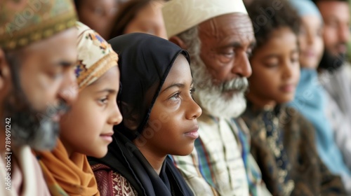 Closeup of a group of individuals of different ages and backgrounds engaged in a lively discussion about their faiths promoting understanding and tolerance. . photo