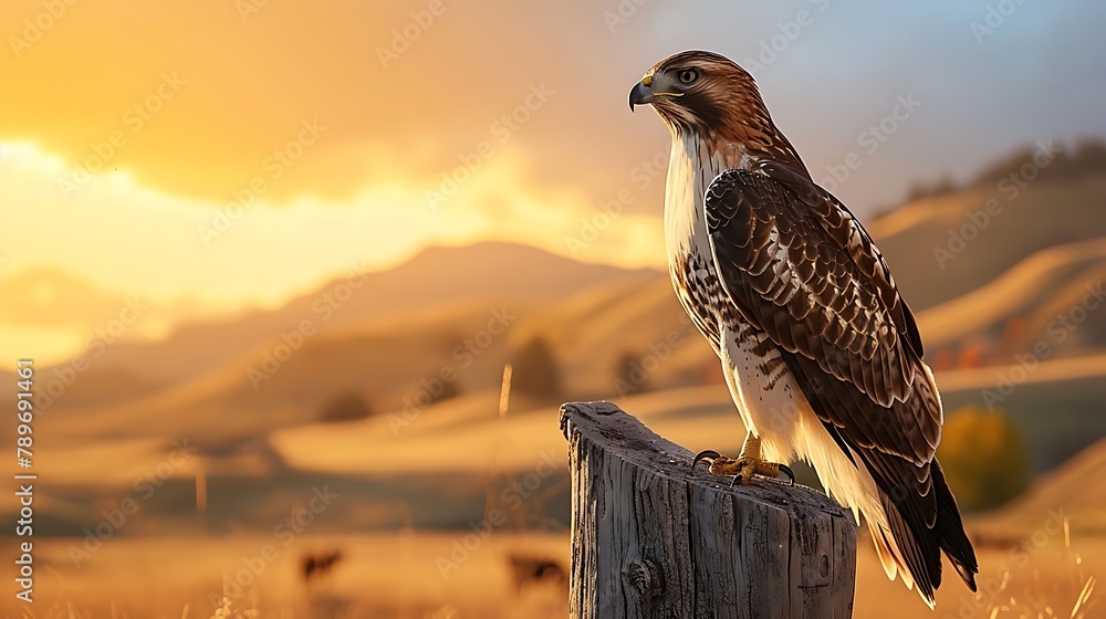 Fototapeta premium A red-tailed hawk perched on a weathered fence post, its keen eyes scanning the surrounding landscape for prey.