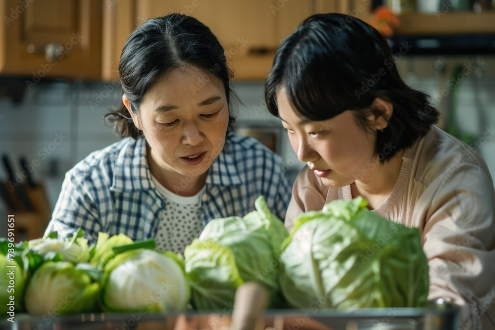 Korean women prepare kimchi. Parenting, cooking together. Care. Asia Korean women prepare kimchi. Parenting, cooking together. Care. Asia