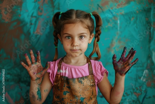child girl stained her hands with colored paint. Childhood. Class. Kindergarten. Development of drawing skills.