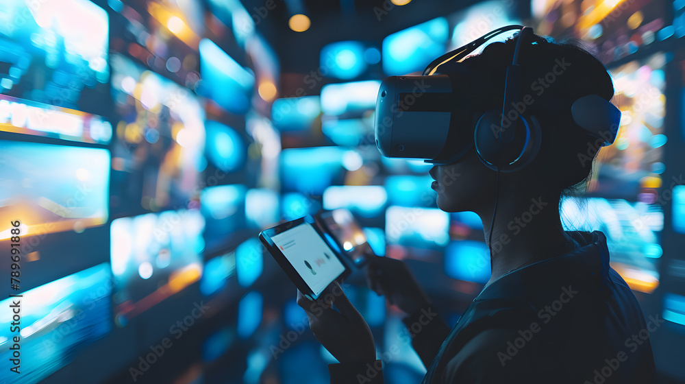 Someone wearing a VR visor is looking at several digital tablets displaying different educational content. representing virtual reality learning and immersive educational experiences Someone wearing a VR visor is looking at several digital tablets displaying different educational content. representing virtual reality learning and immersive educational experiences