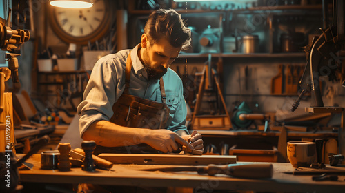 craftsman working in his workshop, crafting furniture with wood and has an apron on, The light illuminates the room where tools for carpentry work surround him