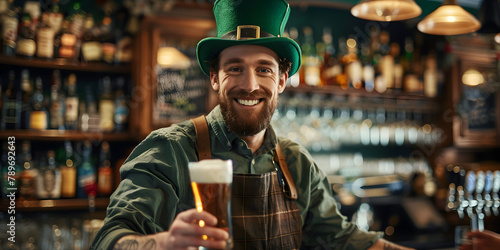 A smiling barman in a green St Patrick's hat serving beer in a festive pub atmosphere.