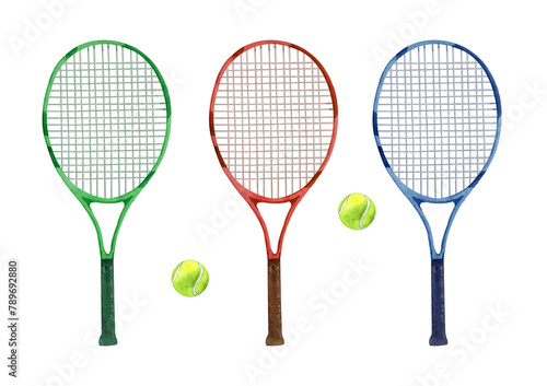 Watercolor colorful set of tennis rackets on and ball. Hand drawn sports illustrations isolated on transparent.