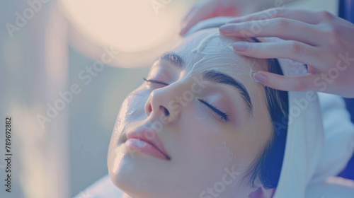 Woman enjoys a calming spa facial, serene expression, pastel background. Spa treatment focuses on woman's face, inducing relaxation and calm. photo