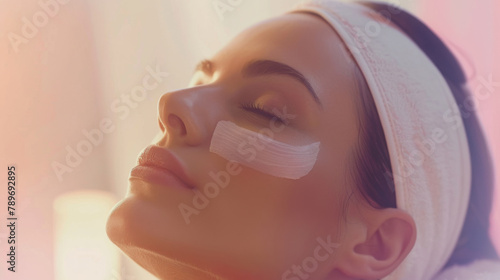 Woman enjoys a calming spa facial, serene expression, pastel background. Spa treatment focuses on woman's face, inducing relaxation and calm.